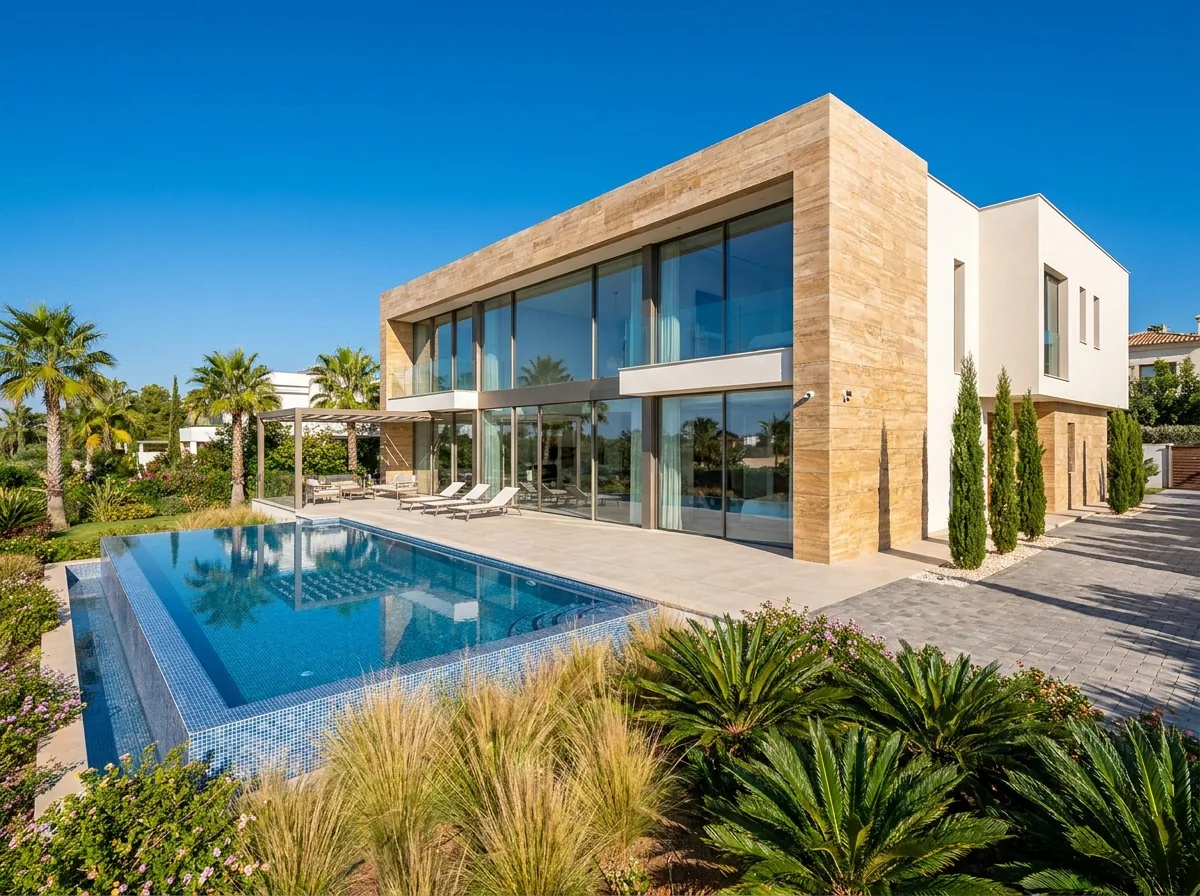 Residencia contemporánea con muros de cristal y travertino